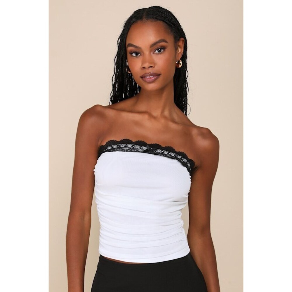 Lulus Flirty Excellence White Mesh Lace Ruched Strapless Top - Size M